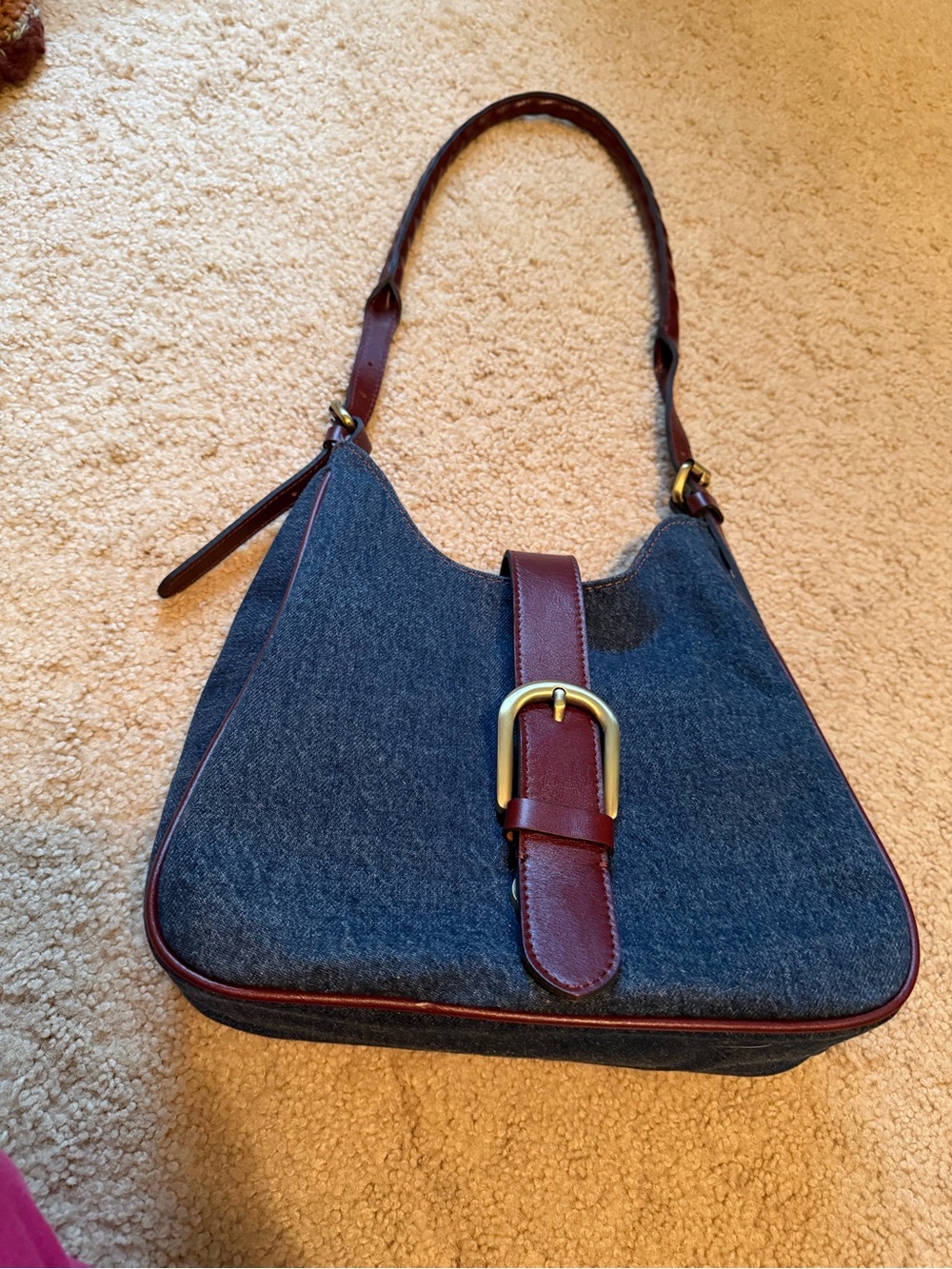 Patricia Nash Dark Blue Denim Shoulder Bag with Burgundy Trim